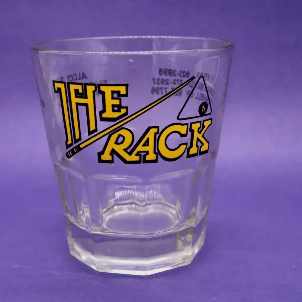 Set of 4 Vtg Advertising Rocks Glasses - The Rack‎ Pool Hall Advertising Barware
